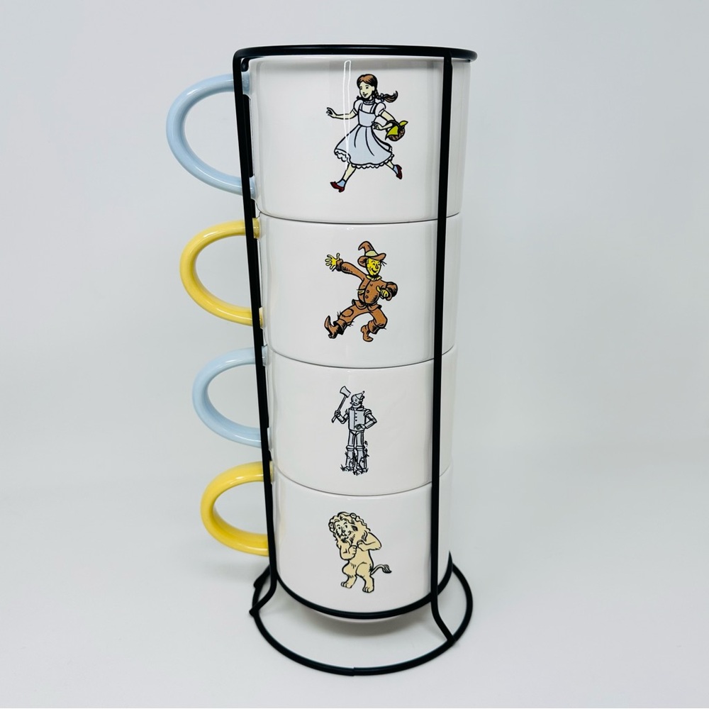 Rae Dunn Wizard of Oz Stackable Mug Set with Iron Rack White Black Ceramic - Picture 2 of 11